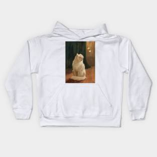 Painting of a white cat looking at butterflies Kids Hoodie